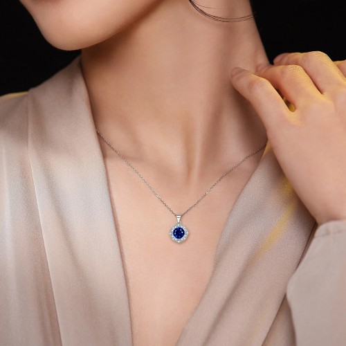 Purelle - Pendentif halo en moissanite bleu roi avec chaîne à maillons
