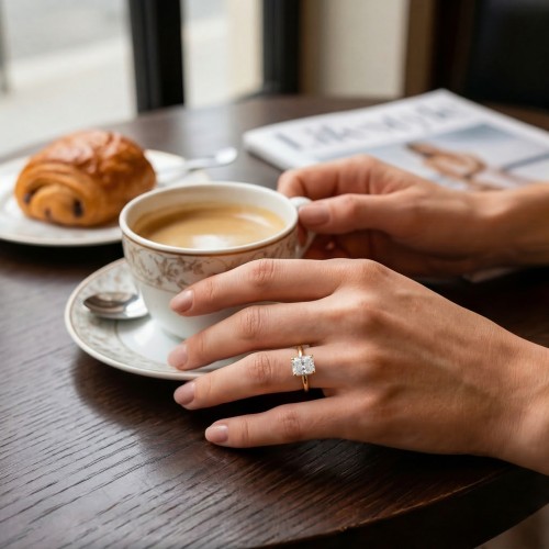 Mirabelle - Bague solitaire en moissanite taille radiant avec monture en panier et halo caché