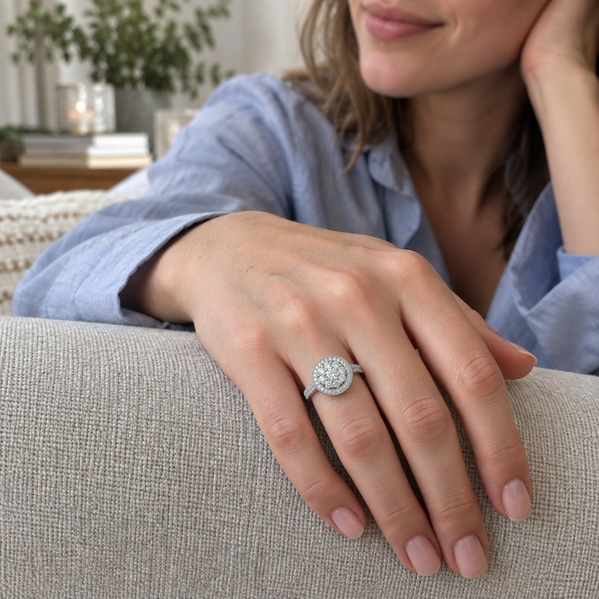 Corollina - Bague en grappe de moissanites rondes avec halo et épaulements pavés