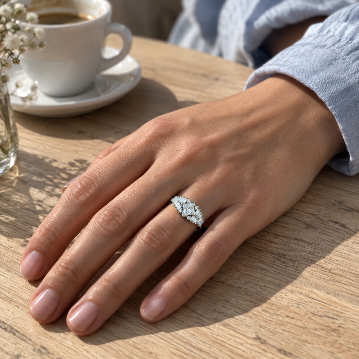 Princelle - Bague art déco en moissanite taille princesse avec épaulements étagés sertis de pierres taille baguette