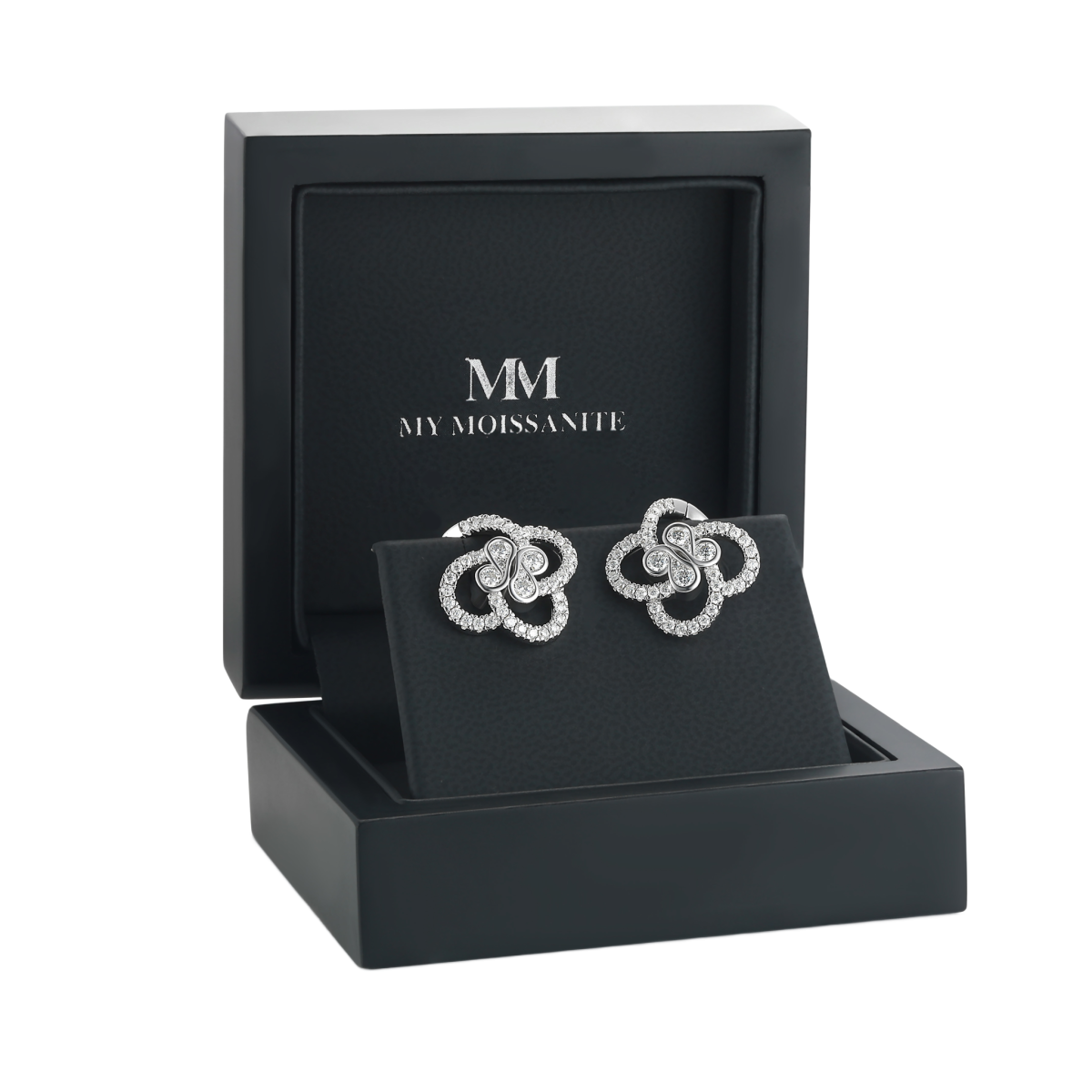 Vortexia - Boucles d’oreilles en forme de trèfle à motif floral en moissanite avec pavé étincelant