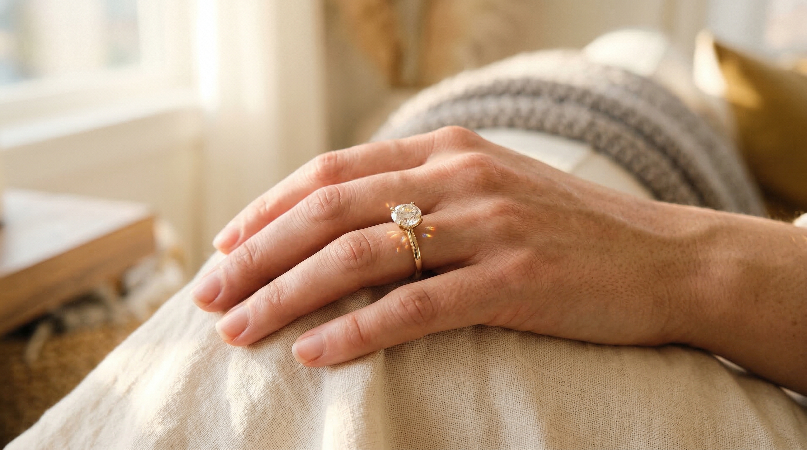 Bague de fiançailles en moissanite révélant une dispersion lumineuse et des feux éclatants