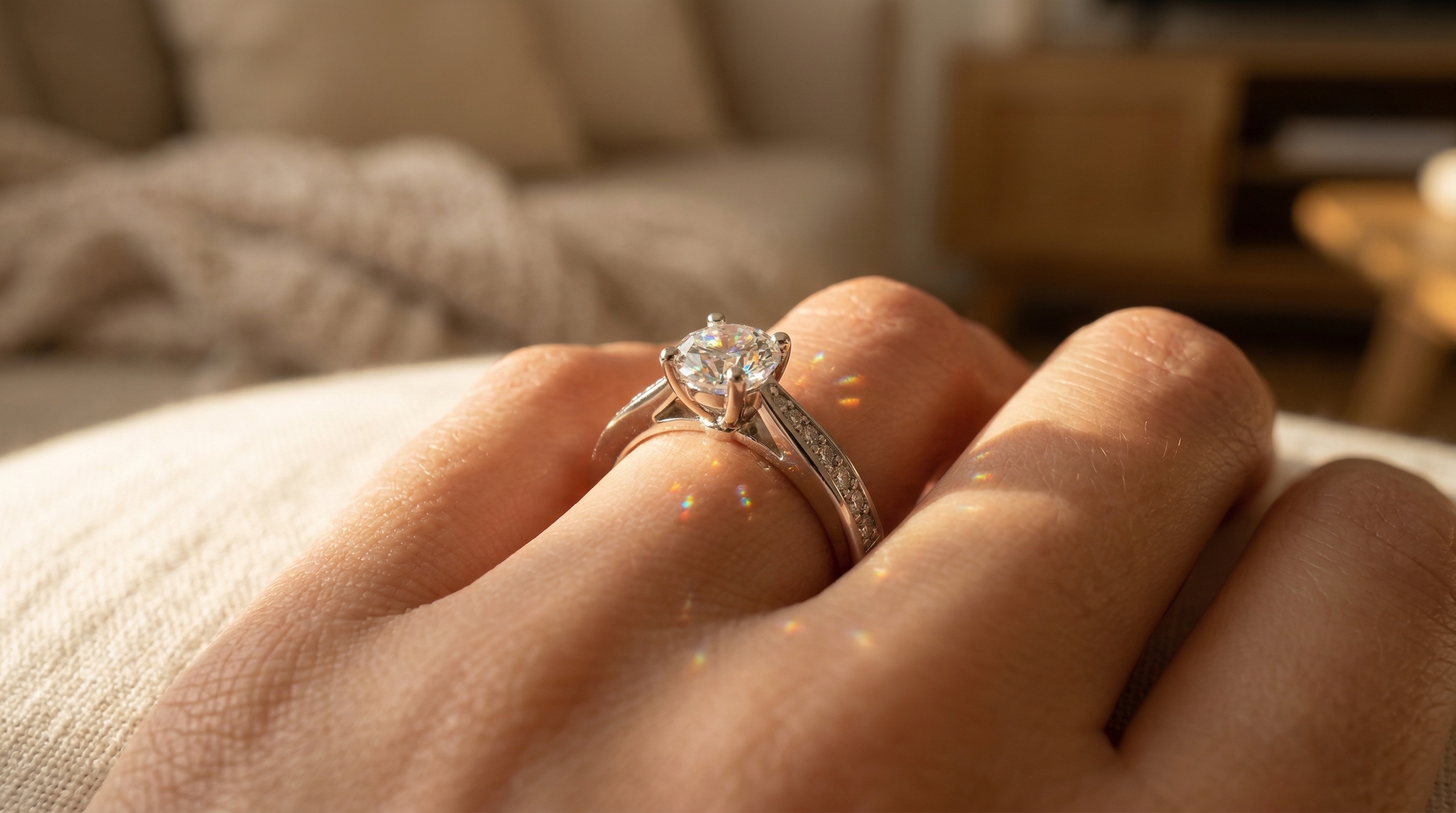 Bague en moissanite Sophia révélant sa brillance et ses feux multicolores à la lumière naturelle
