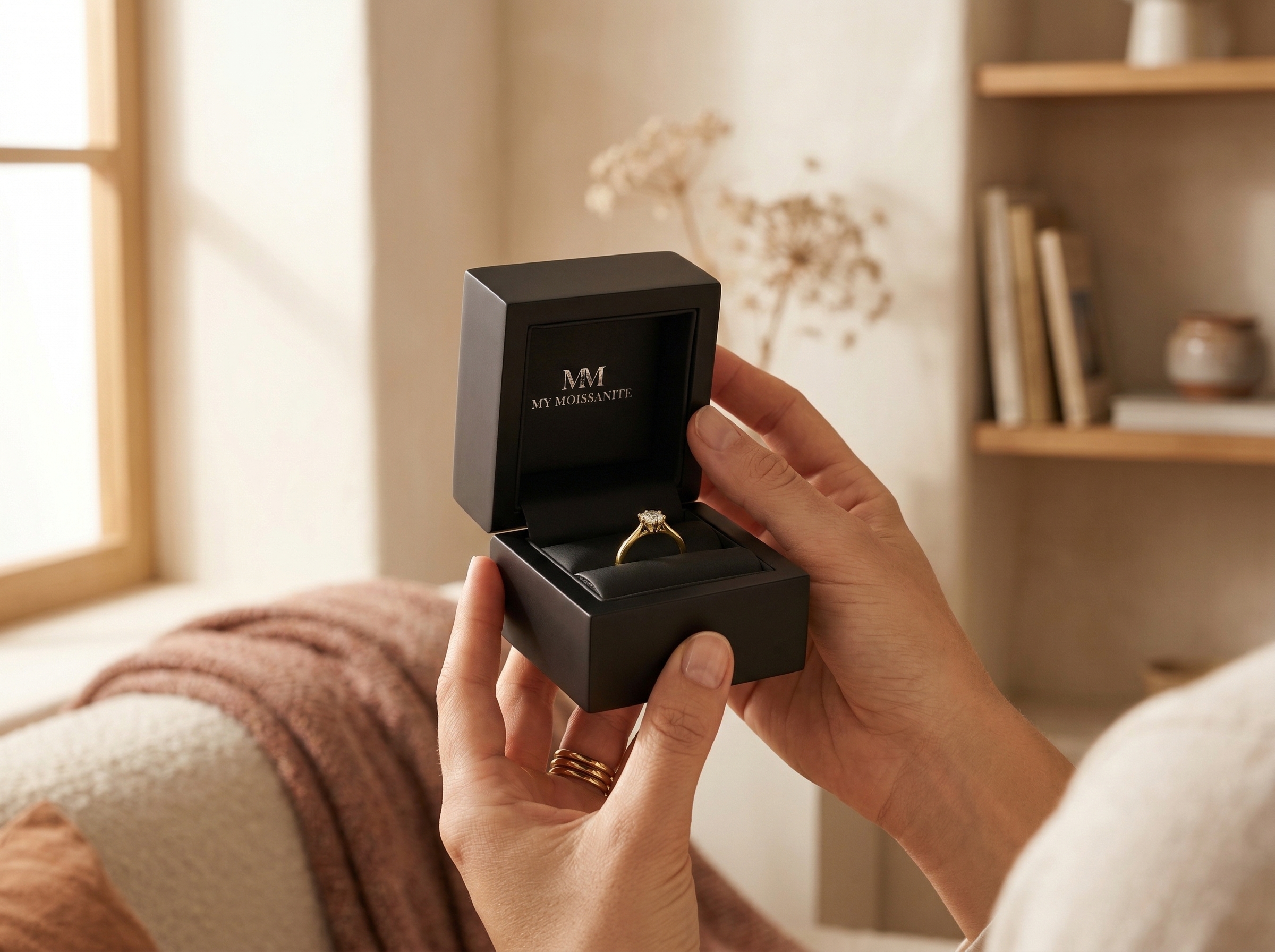 Boîte cadeau en bois haut de gamme ouverte avec une bague à l’intérieur, sous une lumière naturelle chaleureuse