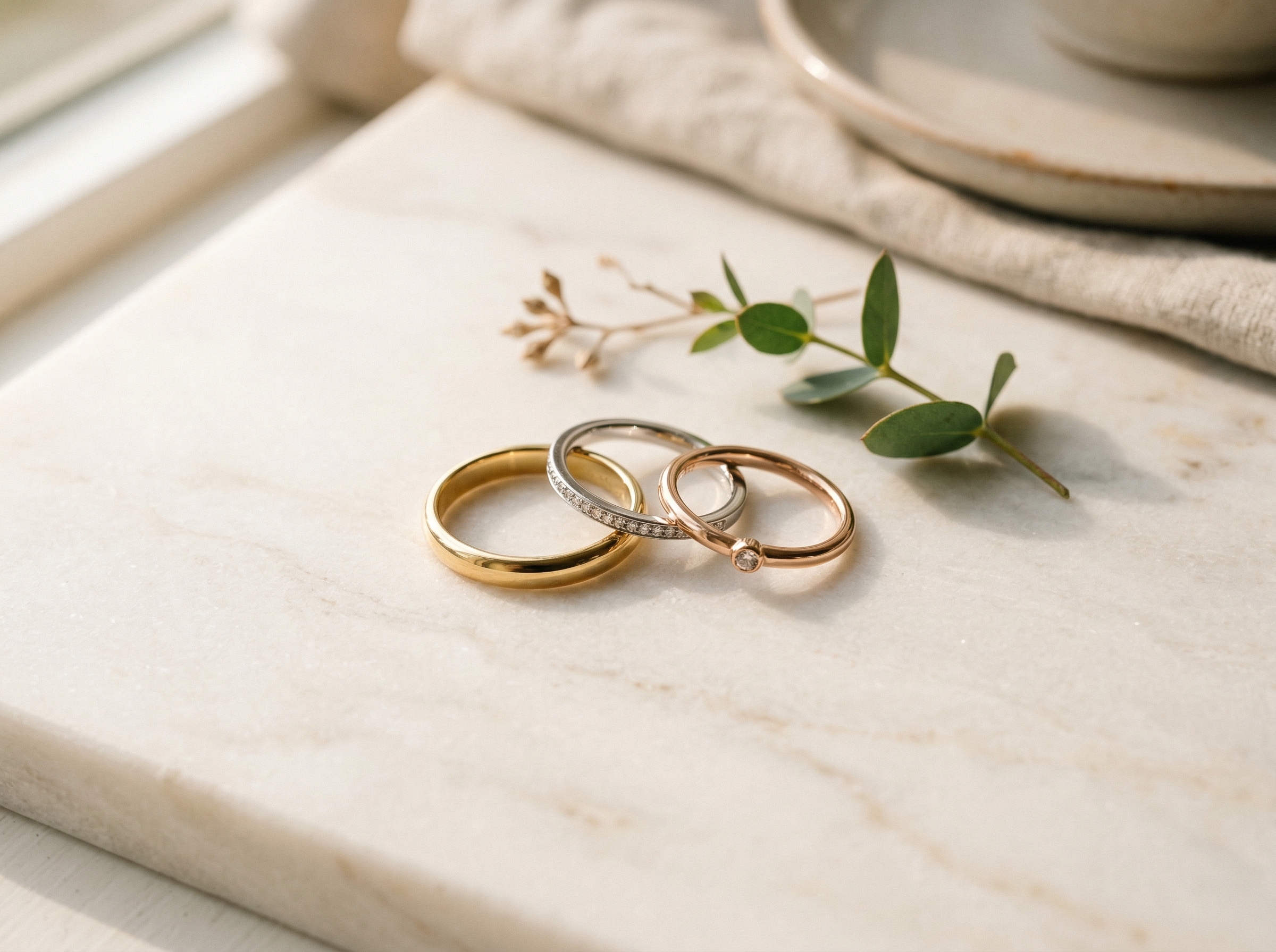 Trois bagues en or jaune, or blanc et or rose sur une surface en marbre crème