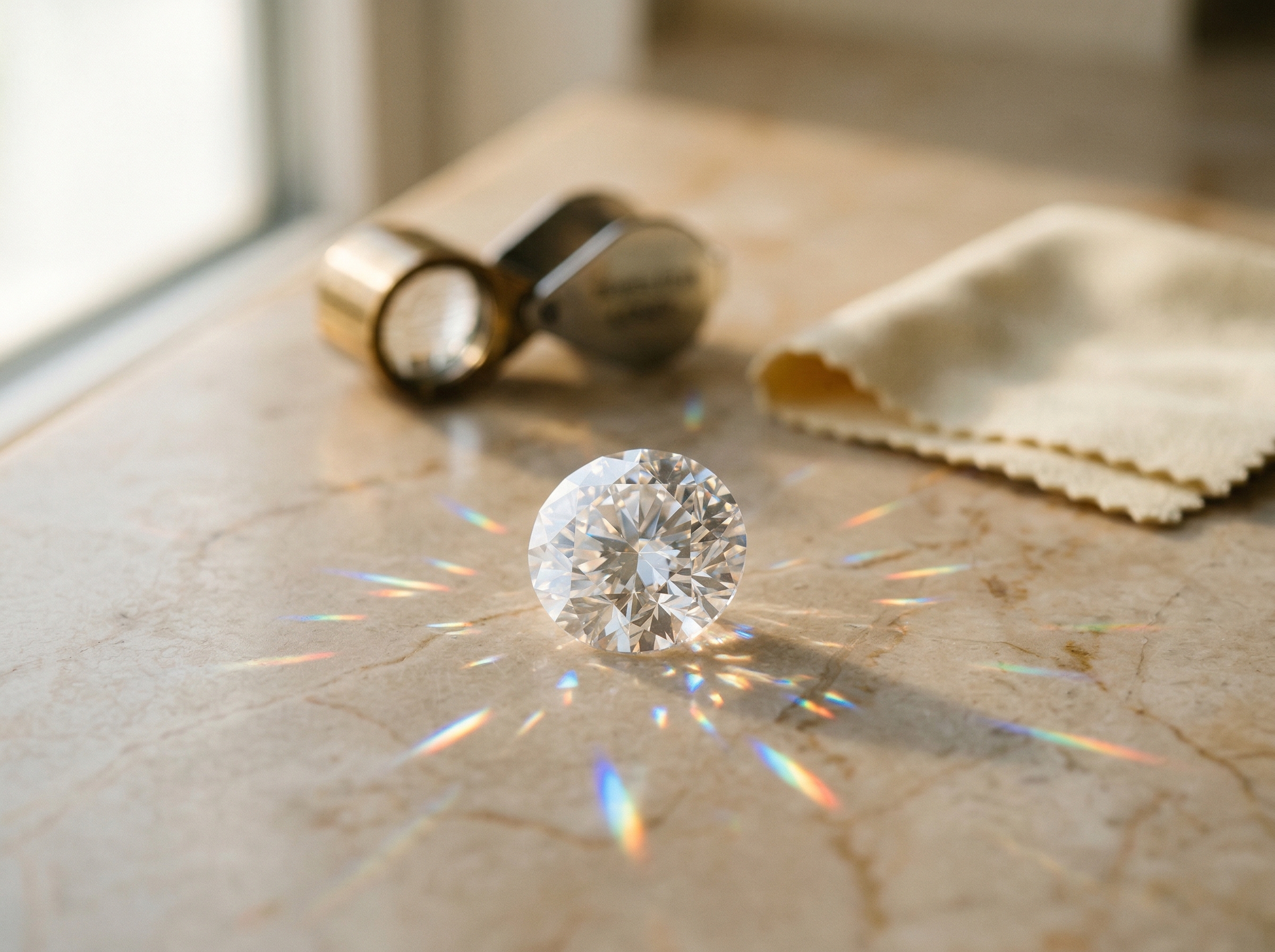 Pierre de moissanite captant la lumière naturelle avec un feu et des reflets éclatants